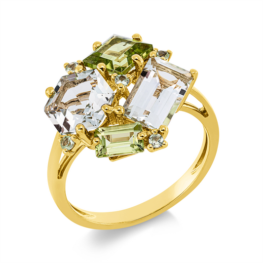 Ring 18 kt GG, 2 Peridot 1,60 ct grün, 2 Amethyste 2,80 ct grün, 5 Tsavorith 0,11 ct grün