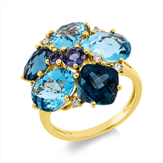 Ring 18 kt GG,6 Brill.0,10ct,TW-si,3 Topase 6,80ct blau,2 Topase 3,30ct Lond. blue,2 Iolith 0,40ct blau