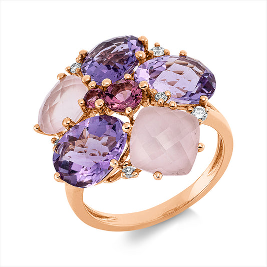 Ring 18 kt RG,6 Brill.0,10ct,TW-si,3 Ame 5,00ct lila, 2 Qu 2,70ct rosa,2 Tur 0,40ct pink