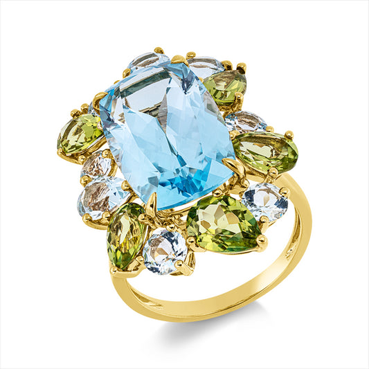 Ring 18 kt GG, 6 Topase 2,20 ct, 2 Topase 0,90 ct, 1 Topas 9,80 ct sky blue, 5 Peridot 2,60 ct grün