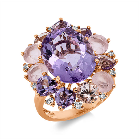 Ring 18 kt RG,11 Brill.0,22ct,TW-si, 5 Am 2,30 ct, 1 Am 7,30ct lila, 6 Farbst 3,00ct multicolor