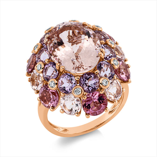 Ring 18 kt RG, 10 Brill. 0,13 ct, TW-si, 1 Morganit 5,80 ct rosa, 22 Farbsteine 7,80 ct multicolor