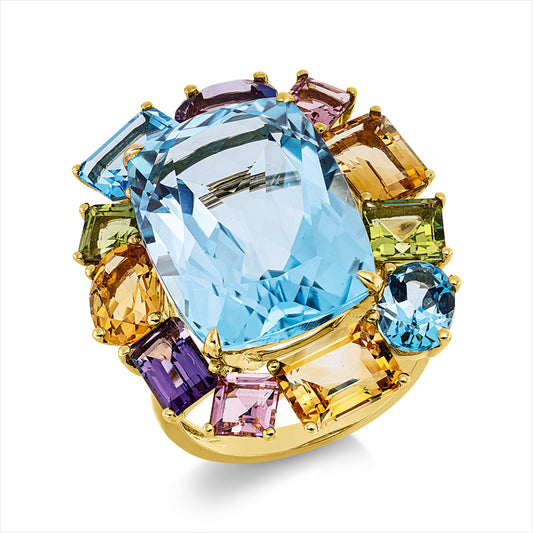 Ring 18 kt GG, 1 Topas 18,90 ct sky blue, 11 Farbsteine 8,60 ct multicolor