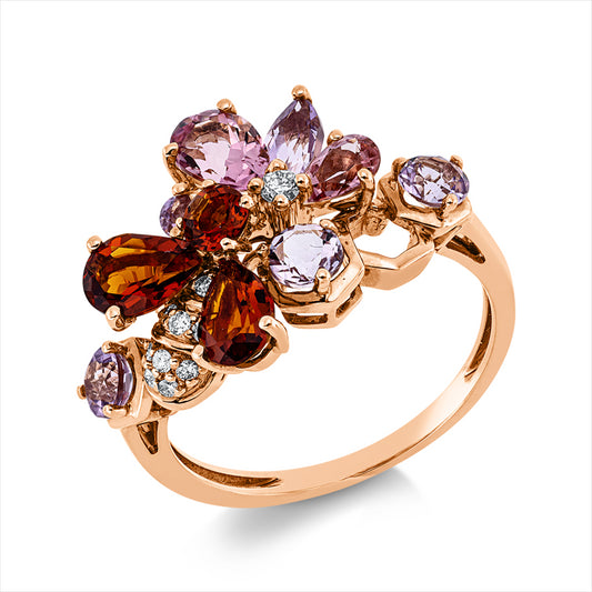 Ring 18 kt RG, 10 Brill. 0,10 ct, TW-si, 2 Tur 0,70 ct pink, 3 Cit 0,80 ct mandarin, 5 Ame 0,60 ct pink