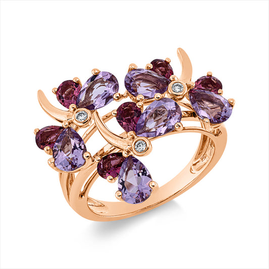Ring 18 kt RG, 3 Brill. 0,04 ct, TW-si, 6 Amethyste 2,10 ct pink, 6 Turmalin 1,00 ct pink