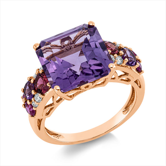 Ring 18 kt RG,8 Brill.0,12ct,TW-si,2 Farbsteine 0,80ct multicolor,1 Amethyst 6,20ct pink,4 Sapp 0,40ct pink