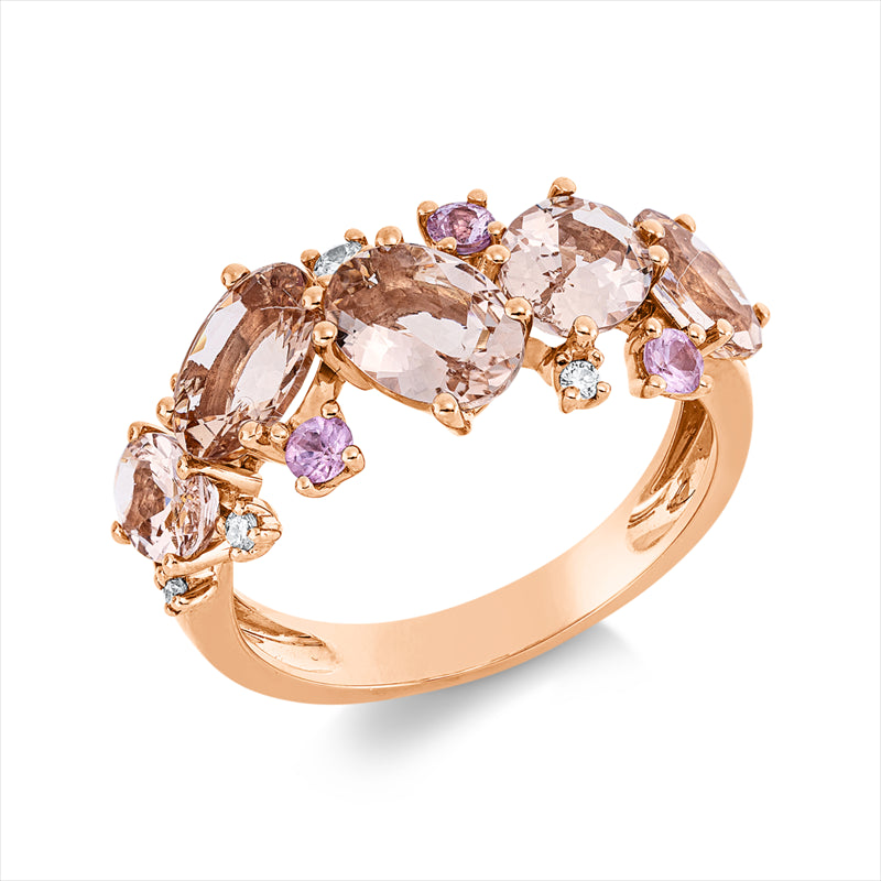 Ring 18 kt RG, 5 Brill. 0,10 ct, TW-si, 5 Morganit 3,20 ct rosa, 3 Saphire 0,23 ct pink