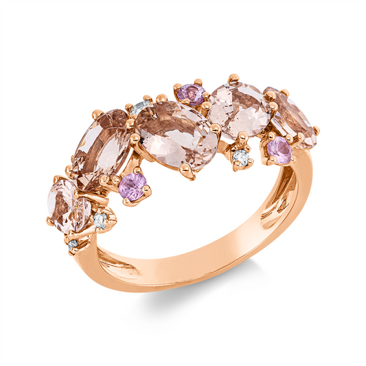 Ring 18 kt RG, 5 Brill. 0,10 ct, TW-si, 5 Morganit 3,00 ct rosa, 3 Saphire 0,23 ct pink