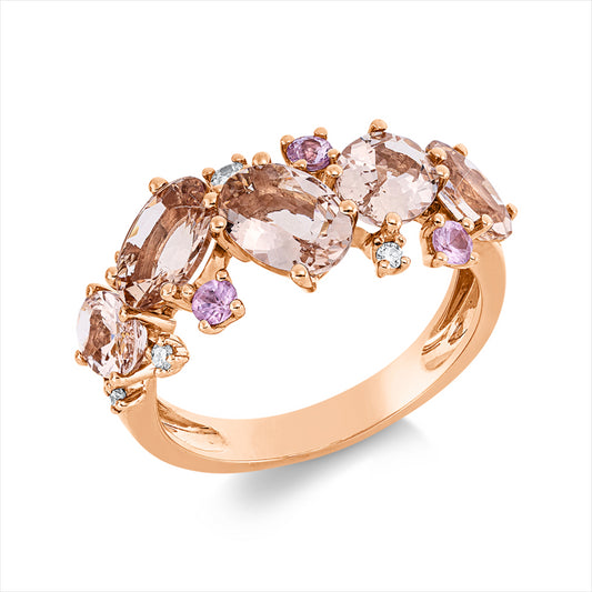 Ring 18 kt RG, 5 Brill. 0,10 ct, TW-si, 5 Morganit 3,20 ct rosa, 3 Saphire 0,24 ct pink