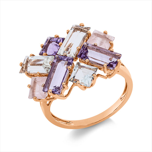 Ring 18 kt RG, 3 Amethyste 2,10 ct grün, 3 Amethyste 2,20 ct pink, 2 Quarz 1,10 ct rosa