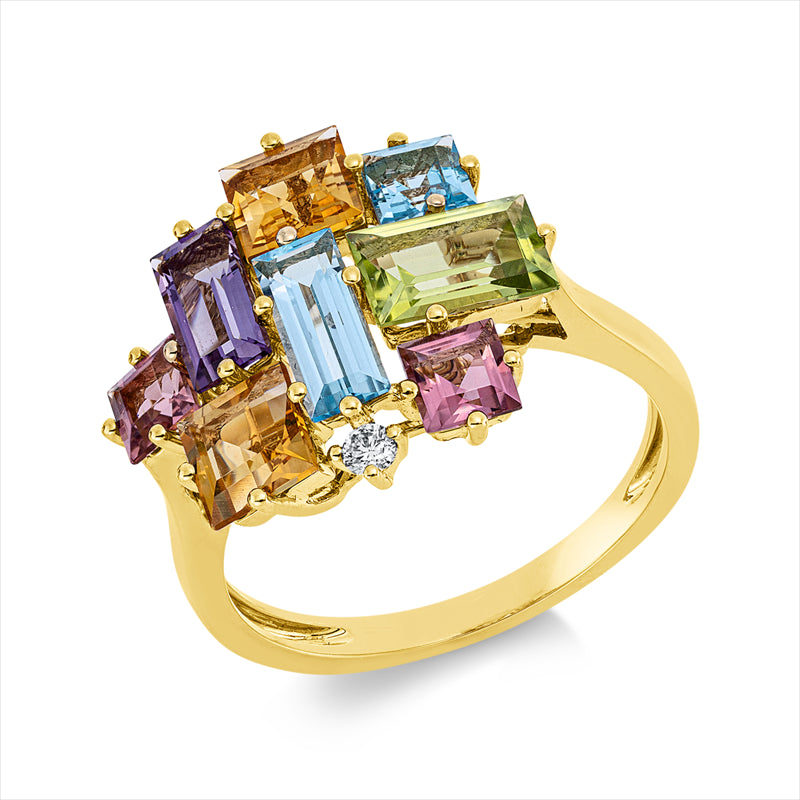 Ring 18 kt GG, 1 Brill. 0,04 ct, TW-si, 3 Farbsteine 1,60 ct multicolor, 5 Farbsteine 2,10 ct multicolor