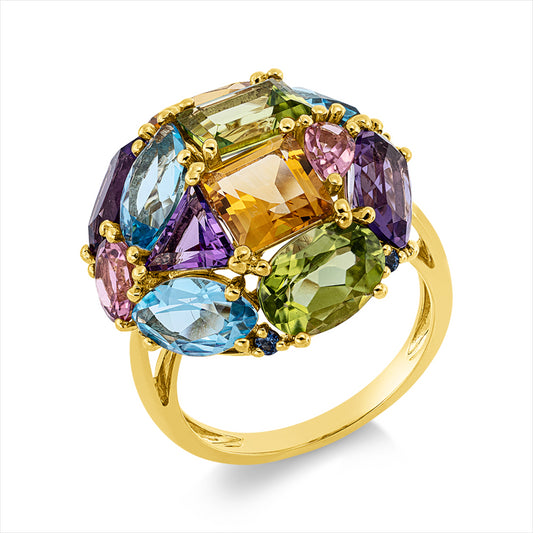 Ring 18 kt GG, 10 Farbsteine 8,40 ct multicolor, 2 Peridot 2,80 ct grün, 4 Saphire 0,09 ct blau