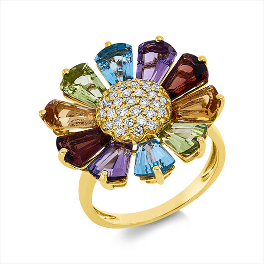 Ring 18 kt GG, 31 Brill. 0,28 ct, TW-si, 10 Farbsteine 6,20 ct multicolor