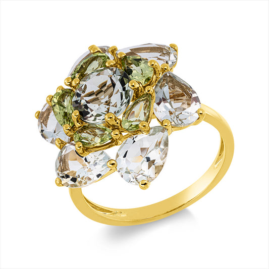 Ring 18 kt GG, 6 Amethyste 3,80 ct grün, 1 Amethyst 1,30 ct grün, 5 Peridot 1,00 ct grün