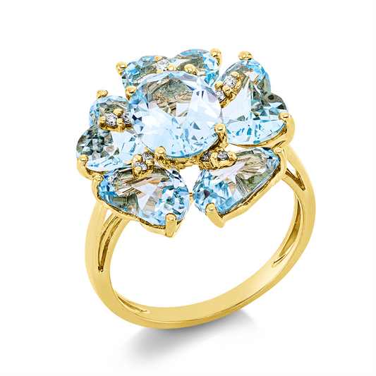 Ring 18 kt GG, 10 Brill. 0,09 ct, TW-si, 1 Topas 2,40 ct sky blue, 5 Topase 7,30 ct sky blue