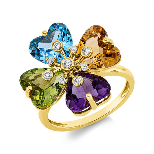 Ring 18 kt GG, 9 Brill. 0,13 ct, TW-si, 4 Farbsteine 8,40 ct multicolor