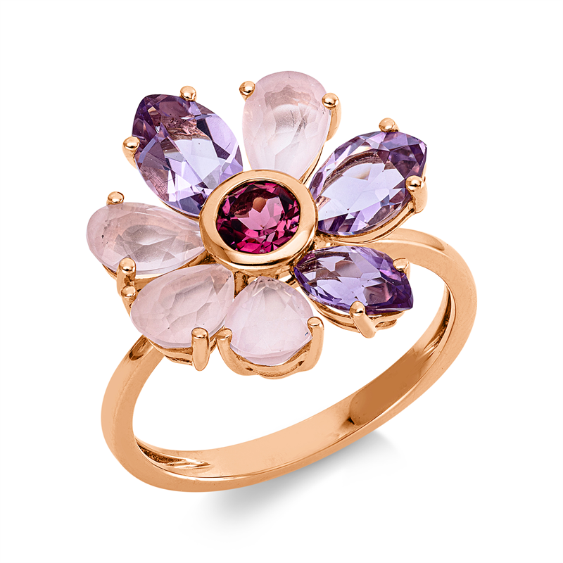 Ring 18 kt RG, 4 Rosenquarz 1,60 ct rosa, 3 Amethyste 1,70 ct pink, 1 Turmalin 0,40 ct pink