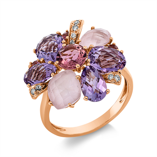 Ring 18 kt RG, 9 Brill. 0,08 ct, TW-si, 4 Turmalin 1,20ct, 4 Amethyste 2,20ct pink, 2 Quarz 1,80ct rosa
