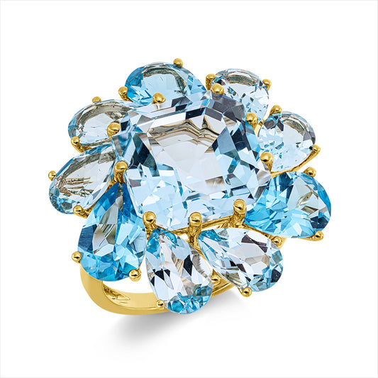 Ring 18 kt GG, 1 Topas 11,50 ct sky blue, 9 Topase 9,70 ct sky blue