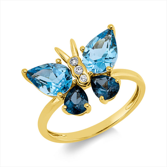 Ring 18 kt GG, Schmetterlingc, 3 Brill. 0,05 ct, TW-si, 2 Topase 2,80ct blau, 2 Topase 0,90ct Lond. blue