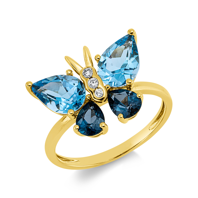 Ring 18 kt GG, Schmetterlingc, 3 Brill. 0,05 ct, TW-si, 2 Topase 2,80ct blau, 2 Topase 0,90ct Lond. blue
