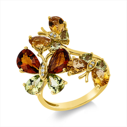 Ring 18 kt GG, 7 Brill. 0,03 ct, TW-si, 12 Farbsteine 3,60 ct multicolor