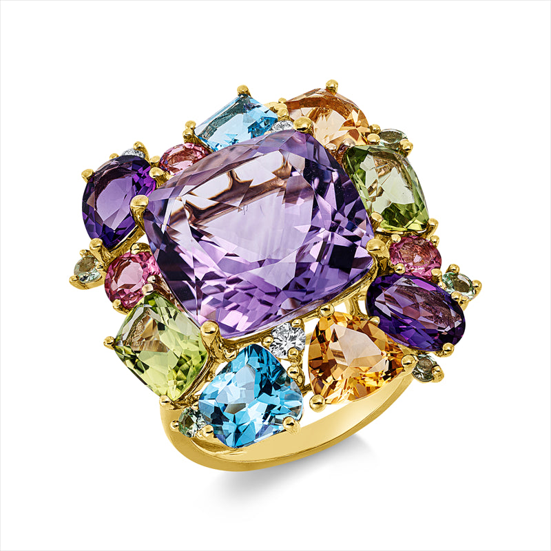 Ring 18 kt GG, 3 Brill. 0,12 ct, TW-si, 1 Amethyst 10,20 ct pink, 17 Farbsteine 7,59 ct multicolor