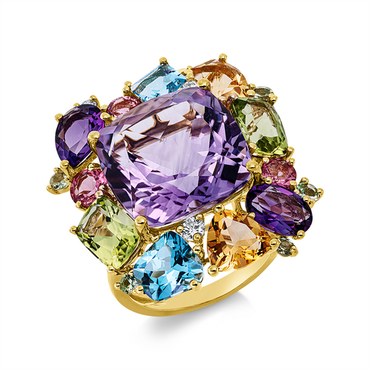 Ring 18 kt GG, 3 Brill. 0,12 ct, TW-si, 1 Amethyst 10,20 ct pink, 17 Farbsteine 7,46 ct multicolor