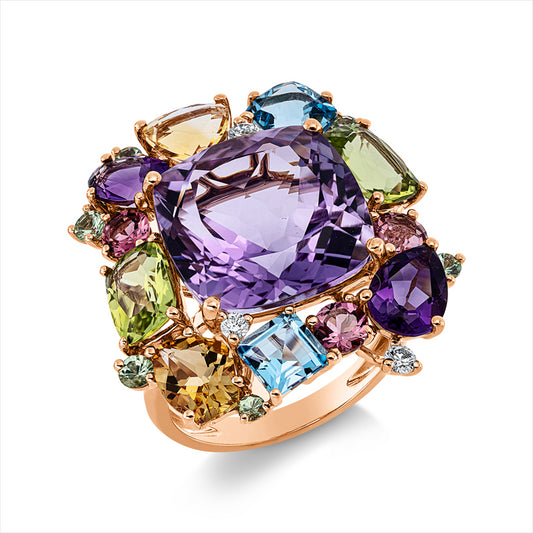 Ring 18 kt RG, 3 Brill. 0,12 ct, TW-si, 1 Amethyst 10,20 ct pink, 17 Farbsteine 7,40 ct multicolor