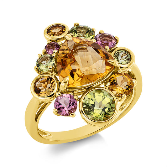 Ring 18 kt GG, 1 Citrin 2,50 ct gelb, 10 Farbsteine 2,30 ct multicolor