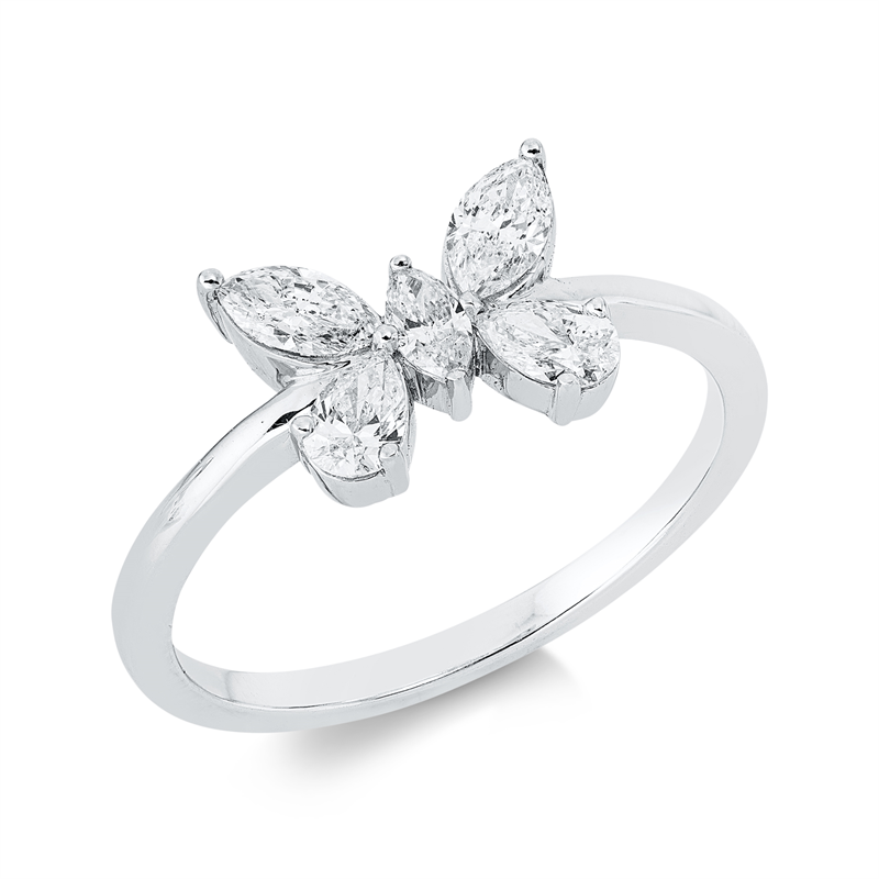 Ring 18 kt WG, 1 Nav. 0,08 ct, TW-si, 2 Nav. 0,28 ct, TW-si, 2 Tropfen 0,24 ct, TW-si