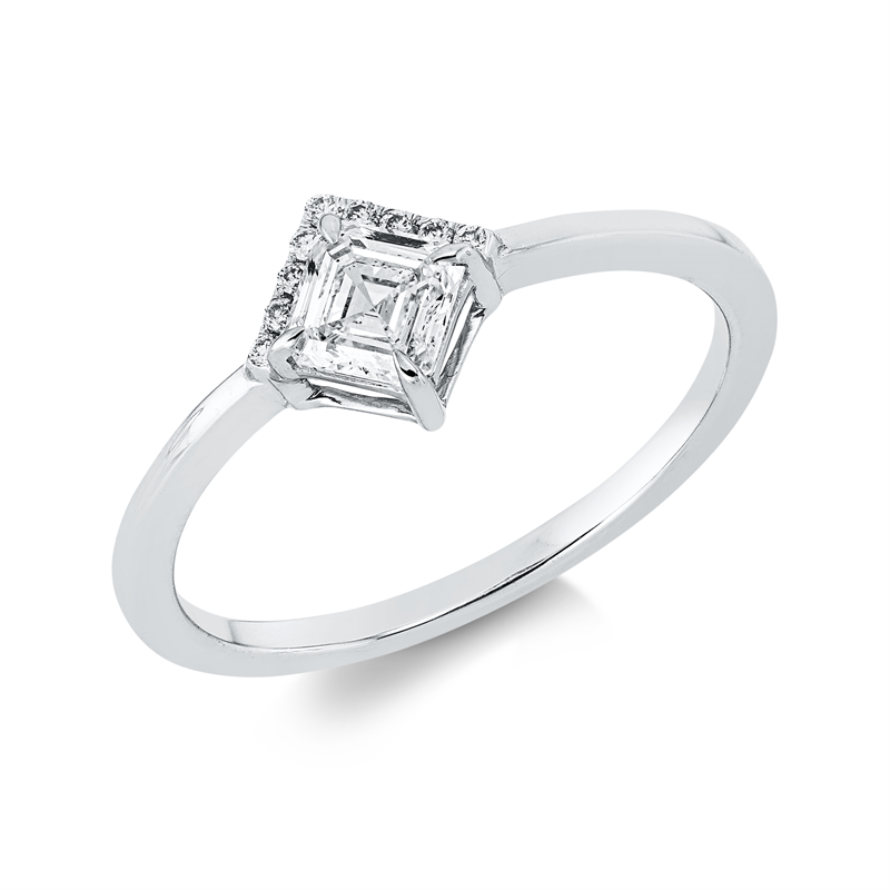 Ring 18 kt WG, 1 Assher 0,45 ct, TW-si, 9 Brill. 0,04 ct, TW-si