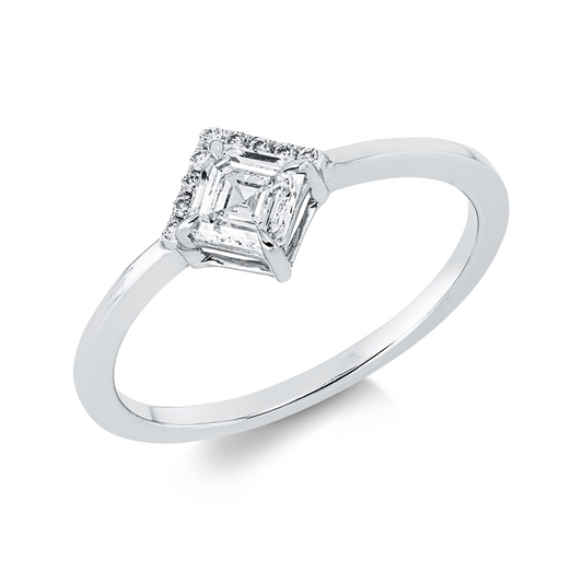 Ring 18 kt WG, 1 Assher 0,45 ct, TW-si, 9 Brill. 0,04 ct, TW-si