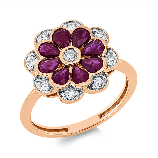 Ring 18 kt RG, 1 Brill. 0,05 ct, TW-si, 8 Brill. 0,21 ct, TW-si, 8 Rubine 1,05 ct rot