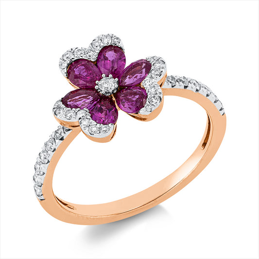 Ring 18 kt RG, 36 Brill. 0,31 ct, TW-si, 6 Rubine 0,94 ct rot