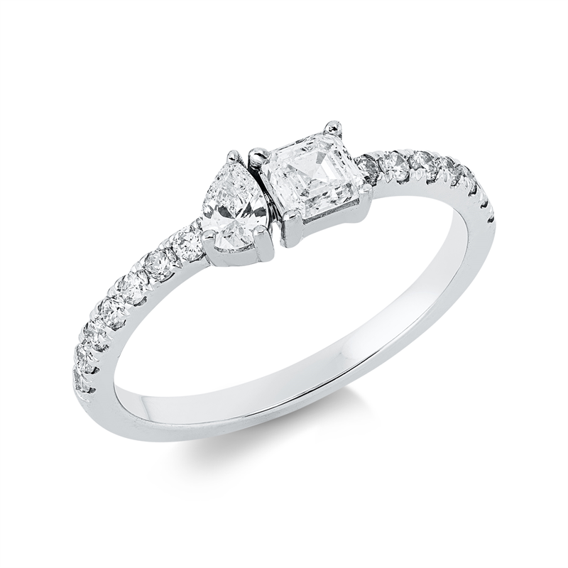 Ring 18 kt WG, 1 Tropfen 0,16 ct, TW-si, 1 Assher 0,31 ct, TW-si, 14 Brill. 0,21 ct, TW-si