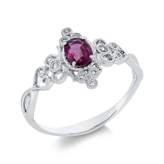 Ring 18 kt WG, 8 Brill. 0,05 ct, TW-si, 1 Rubin 0,42 ct rot