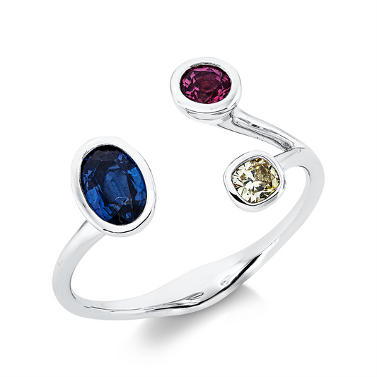 Ring 18 kt WG, 1 Cushion 0,12 ct, gelb, 1 Rubin 0,29 ct rot, 1 Saphir 0,53 ct blau