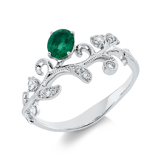 Ring 18 kt WG, 5 Brill. 0,11 ct, TW-si/pi, 7 Brill. 0,04 ct, TW-si/pi, 1 Smaragd 0,31 ct grün
