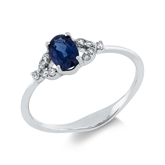 Ring 18 kt WG, 10 Brill. 0,09 ct, I-si, 1 Saphir 0,61 ct blau
