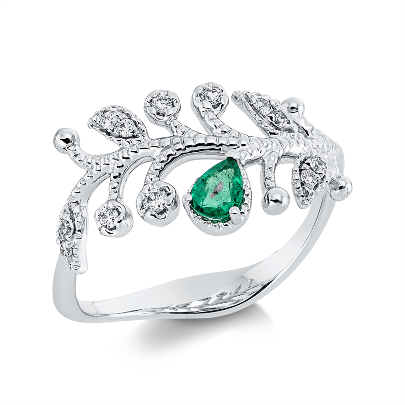 Ring 18 kt WG, 6 Brill. 0,06 ct, TW-si/pi, 6 Brill. 0,04 ct, TW-si/pi, 1 Smaragd 0,14 ct grün