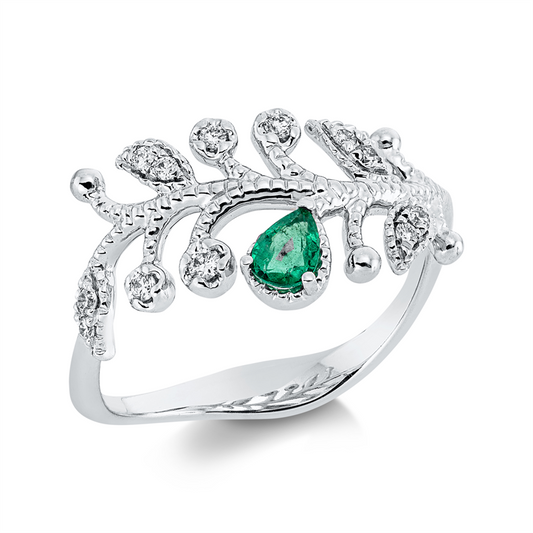 Ring 18 kt WG, 6 Brill. 0,06 ct, TW-si/pi, 6 Brill. 0,04 ct, TW-si/pi, 1 Smaragd 0,14 ct grün