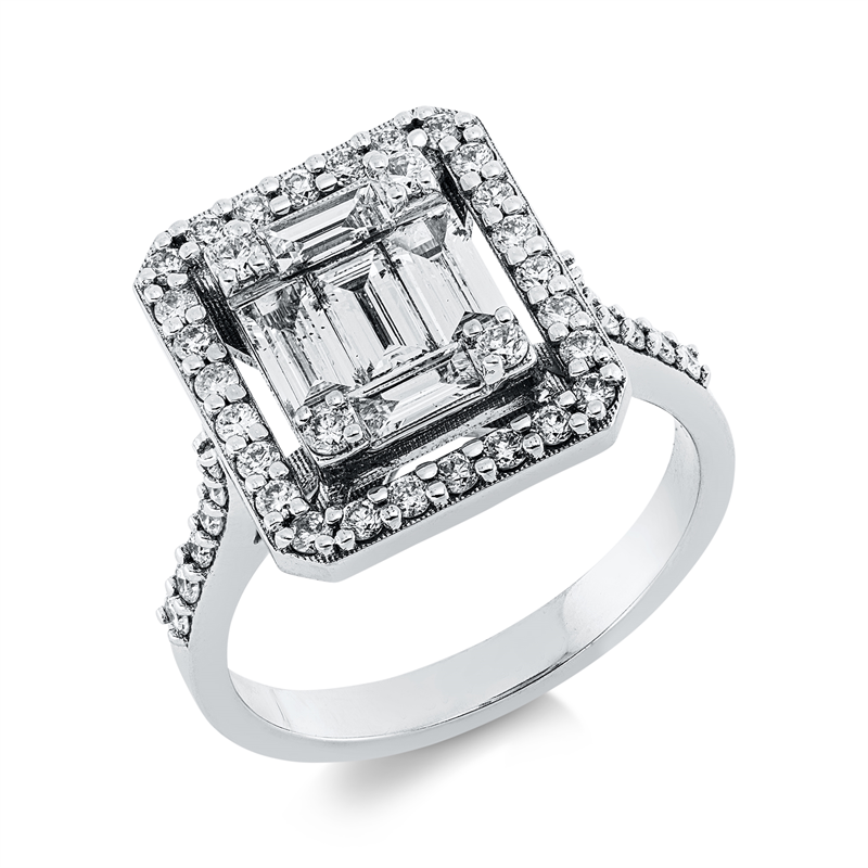 Ring 14 kt WG, 2 Bag. 0,15 ct, F-vsi, 3 Bag. 0,50 ct, F-vsi, 42 Brill. 0,53 ct, F-si