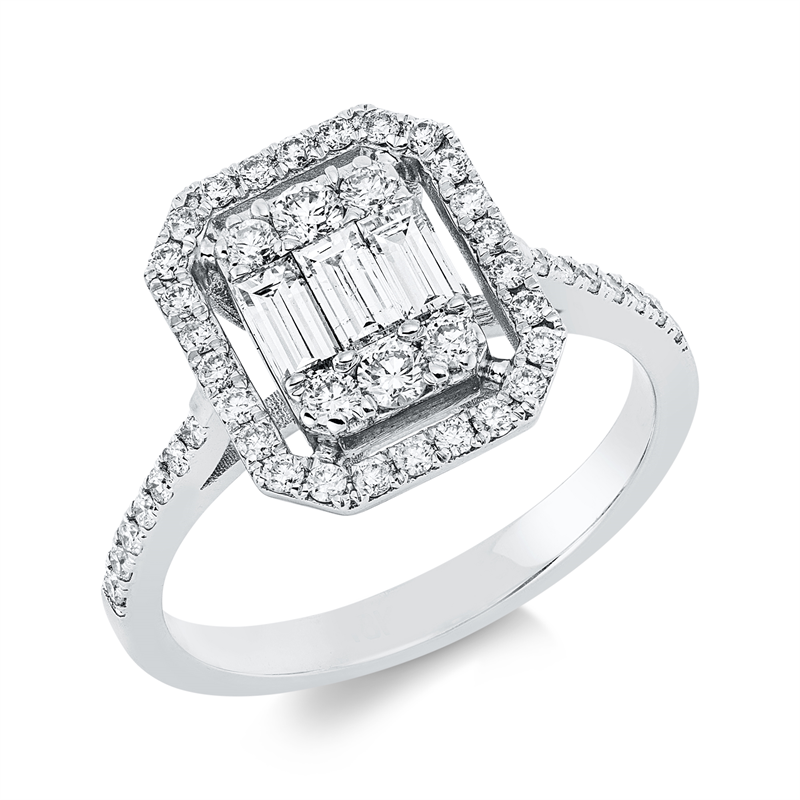 Ring 18 kt WG, 4 Brill. 0,09 ct, F-si, 2 Brill. 0,08 ct, F-si, 3 Bag. 0,38 ct, F-vsi, 40 Brill. 0,30 ct, F-si