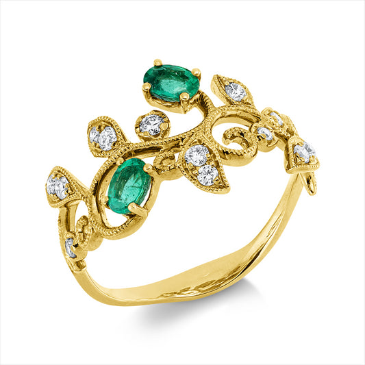 Ring 18 kt GG, 13 Brill. 0,20 ct, TW-si/pi, 2 Smaragde 0,35 ct grün