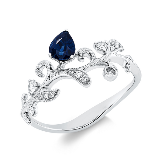 Ring 18 kt WG, 5 Brill. 0,11 ct, TW-si/pi, 7 Brill. 0,03 ct, TW-si/pi, 1 Saphir 0,48 ct blau