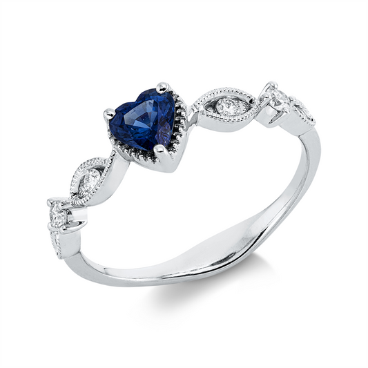 Ring 18 kt WG, 6 Brill. 0,14 ct, TW-si/pi, 1 Saphir 0,47 ct blau