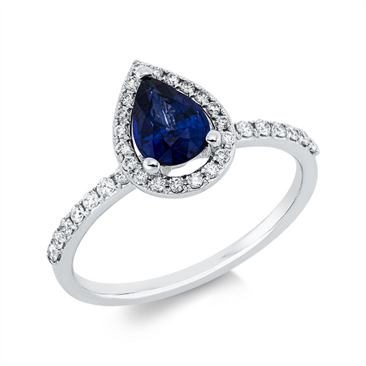 Ring 18 kt WG, 16 Brill. 0,16 ct, F-si, 20 Brill. 0,11 ct, F-si, 1 Saphir 0,84 ct blau
