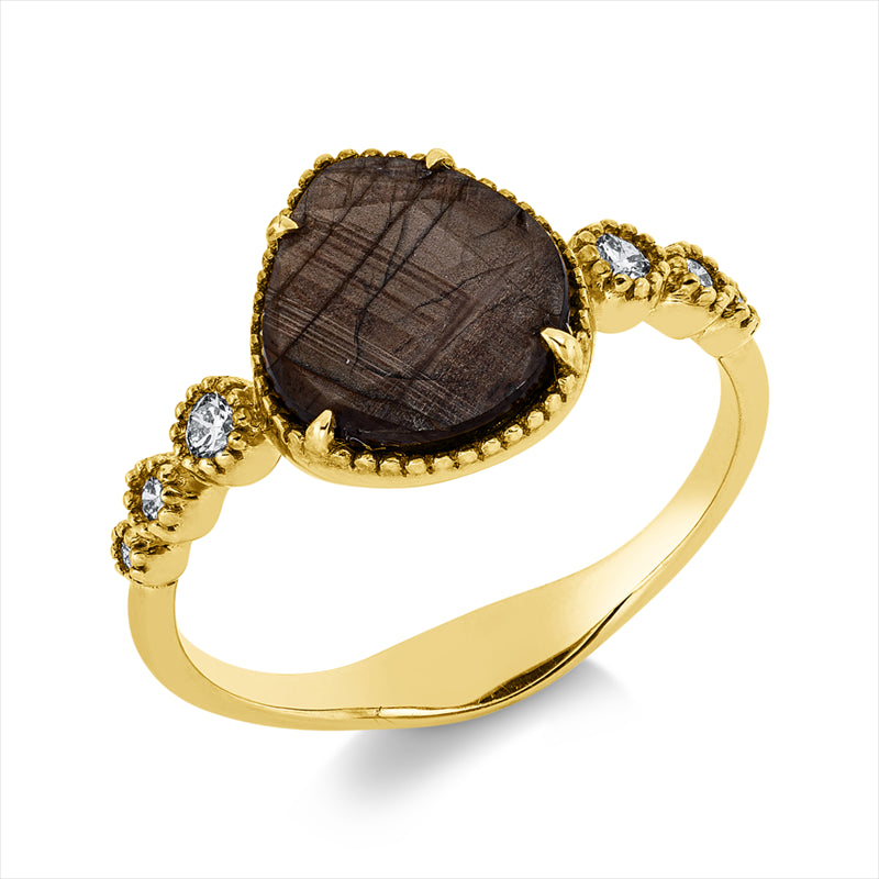Ring 18 kt GG, 6 Brill. 0,10 ct, I-si/pi, 1 Dia.Split 2,70 ct, braun