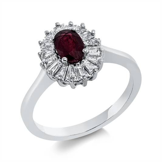 Ring 18 kt WG, 16 Trap. 0,44 ct, F-vsi, 1 Rubin 0,62 ct rot